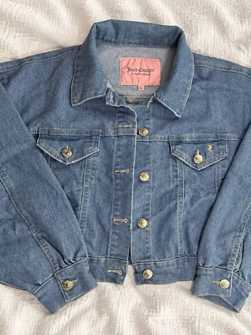 Juicy Couture Light Blue Denim Trucker Jacket with Gold Buttons